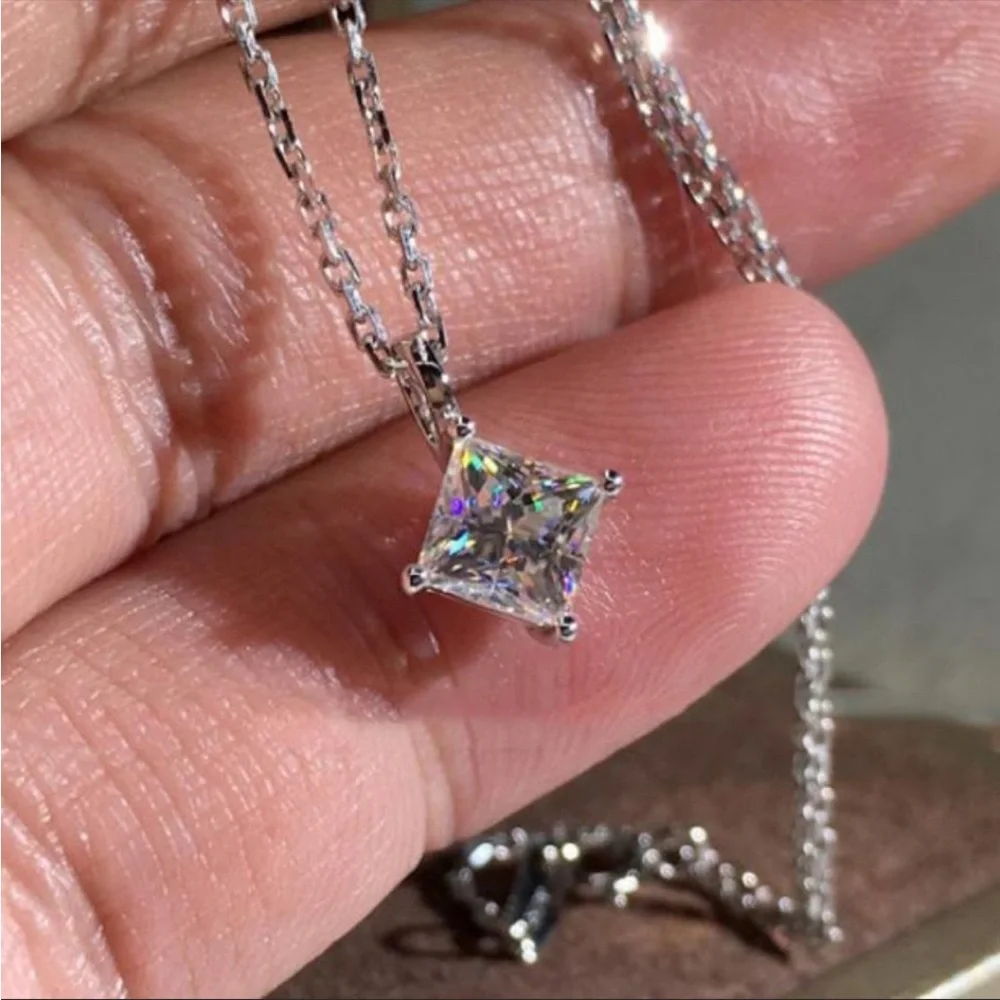 New 2ct Princess Cut Solitaire Diamond Necklace - Picture 1 of 5